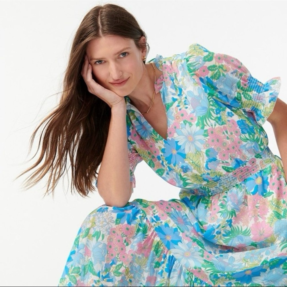 J. Crew Smocked Ruffle Midi Dress in Fairy Floral